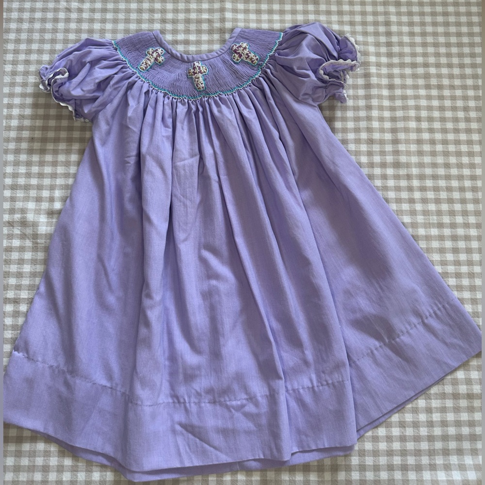 Purple Smocked Dress with Cross Embroidery